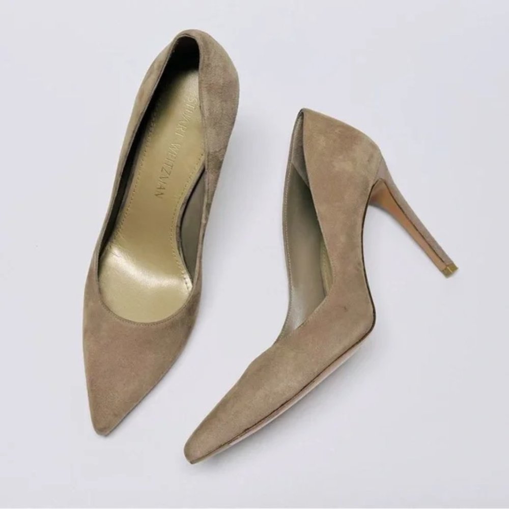 Stuart Weitzman Beige Tan Camel Pointed Toe Suede Stiletto Heels Shoes  7.5 M